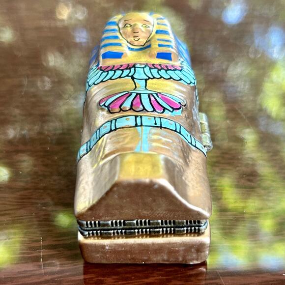 Egyptian Sarcophagus Trinket Box – Hand-Painted Hinged Porcelain Miniature - Picture 3 of 14